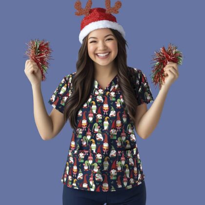 Womens Christmas V-neck Scrub Top