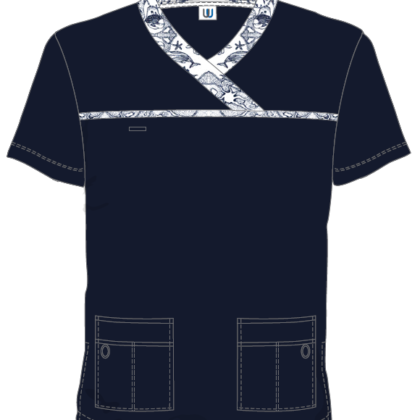 Unisex Scrub Top with contrast Y neck and contrast stripe to chest